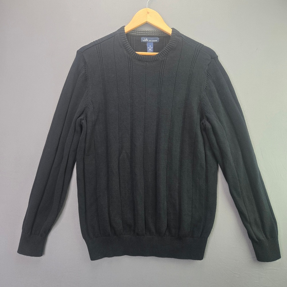 John Ashford Sweater Mens Medium Black Ribbed Crew Neck Cotton Pullover L/S
